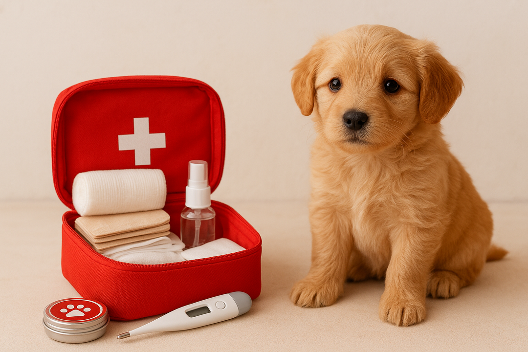 A puppy sitting next to a neatly packed first aid red kit bandages, wipes, thermometer, paw balm
