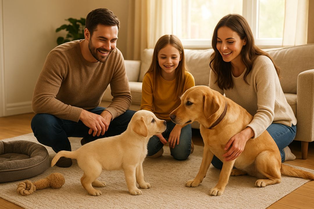 Bright, happy scene of a new puppy meeting a family in a cozy living room with another dog. Natural lighting, warm tones, dog bed and toys in the background.