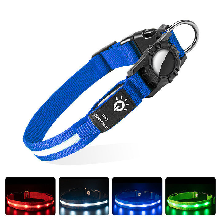 Blue AirTag Dog Collar – LED Safety Tracker Holder for Pets