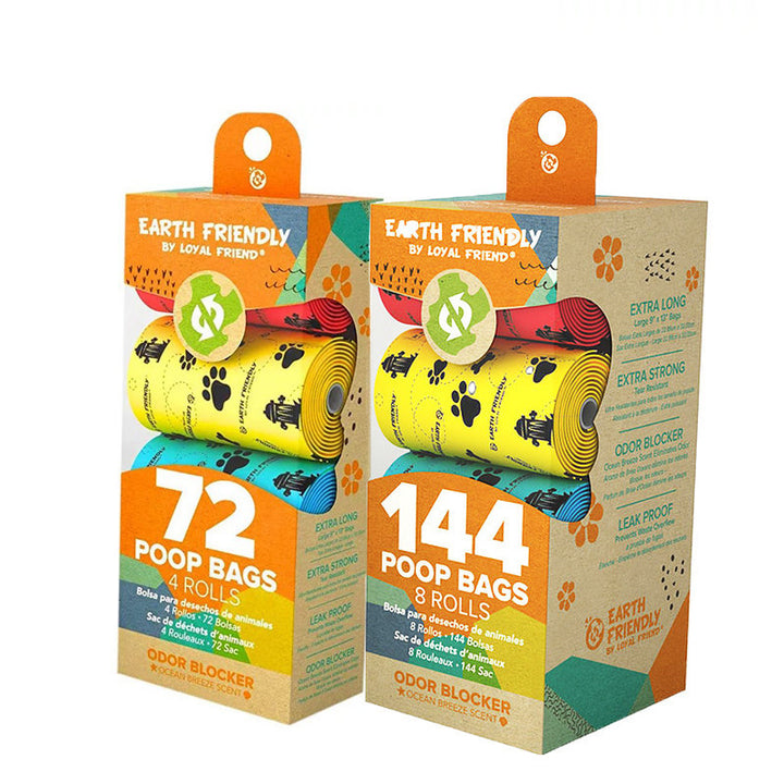 Two packages of Earth Friendly brand dog poop bags with paw designs on them. Each package displays a collection of bags in various colors and a box highlighting the eco-friendly aspect of the product.
