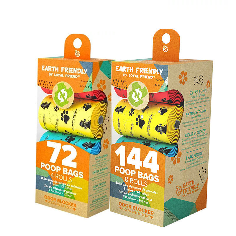 Two packages of Earth Friendly brand dog poop bags with paw designs on them. Each package displays a collection of bags in various colors and a box highlighting the eco-friendly aspect of the product.
