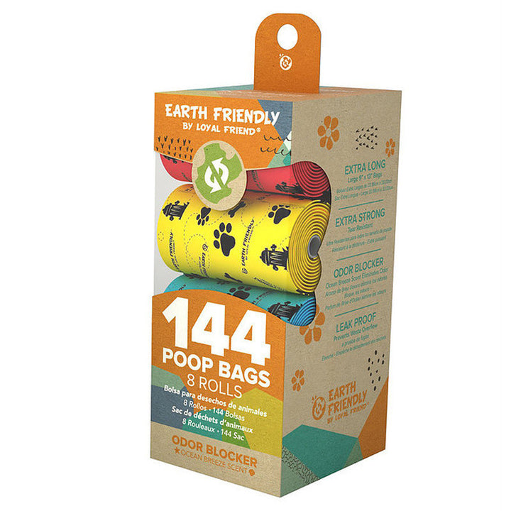 A package of Earth Friendly brand dog poop bags with paw designs on them. Package displays a collection of bags in various colors and a box labeled 144 poop bags 8 rolls