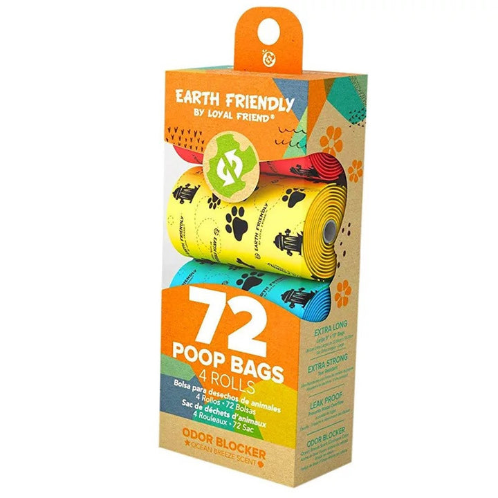 a package of Earth Friendly brand dog poop bags with paw designs on them. Package displays a collection of bags in various colors and a box labeled 72 poop bags 4 rolls