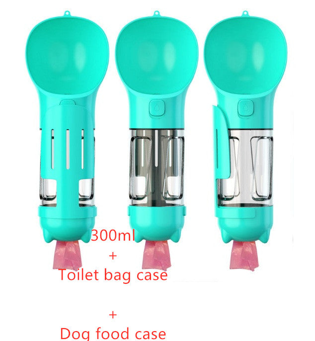 Three turquoise pet feeding devices with pink bags on a white background