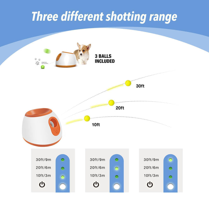 An image showing an automatic ball throwing machine with adjustable launch distance, launched 2 inches tennis ball between 10-30 feet.