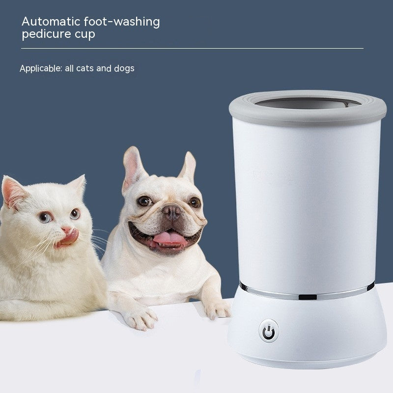 Automatic foot-washing pedicure cup with a cat and dog in front of it on a blue background