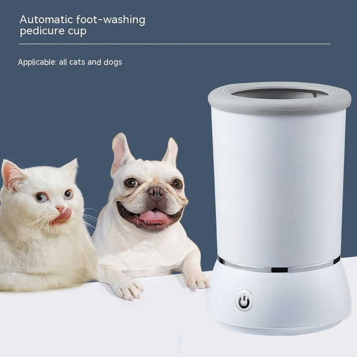 Automatic foot-washing pedicure cup with a cat and dog in front of it on a blue background