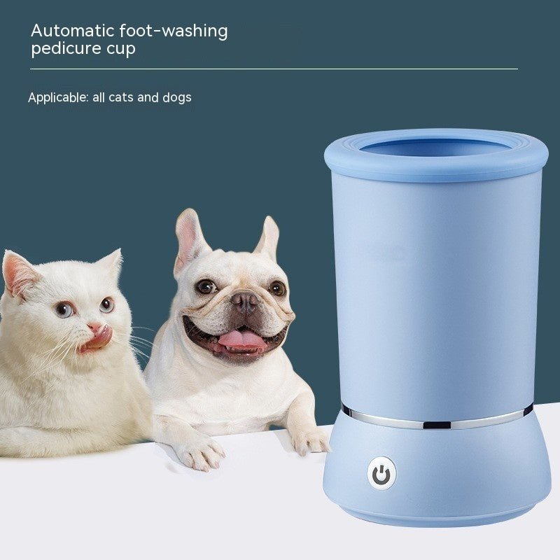 Automatic foot-washing pedicure cup with a cat and dog in front of it on a blue background