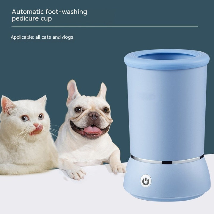 Automatic foot-washing pedicure cup with a cat and dog in front of it on a blue background