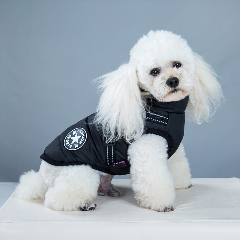 White dog wearing a black jacket with a brand logo on a gray background