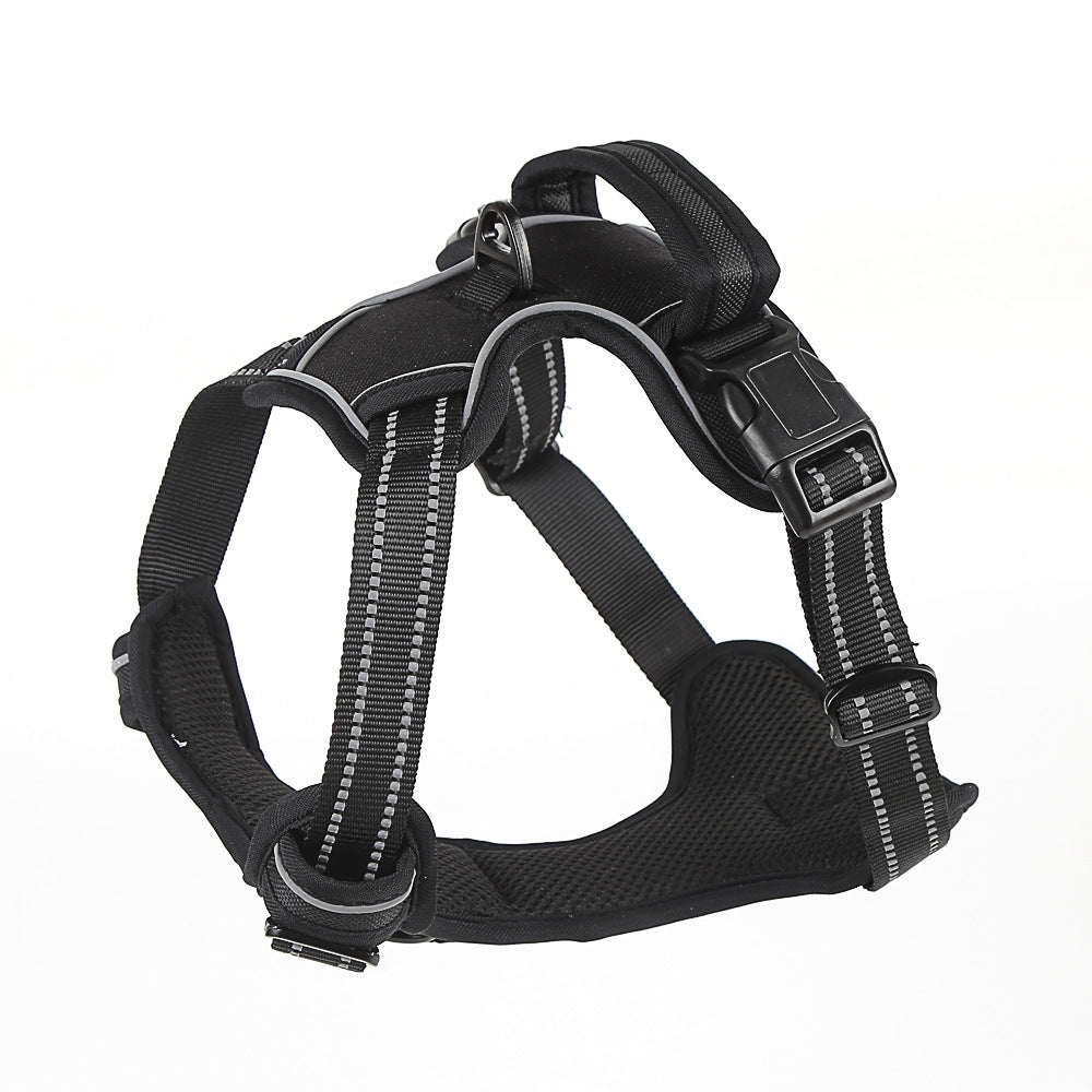 Black dog harness with reflective stripes on a white background