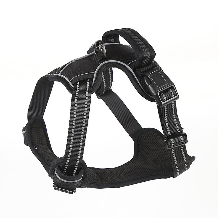 Black dog harness with reflective stripes on a white background