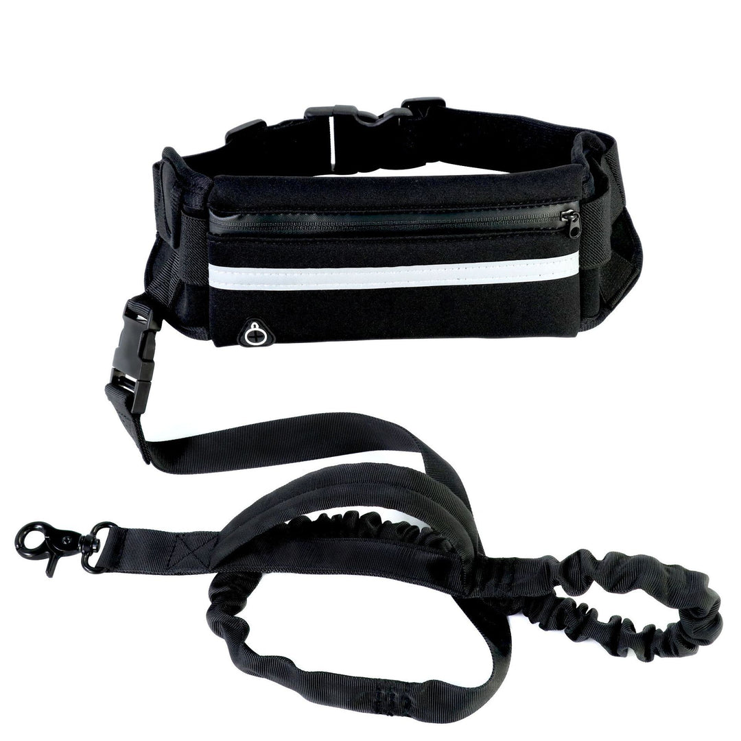 Black waist bag with reflective strip and black leash on a white background