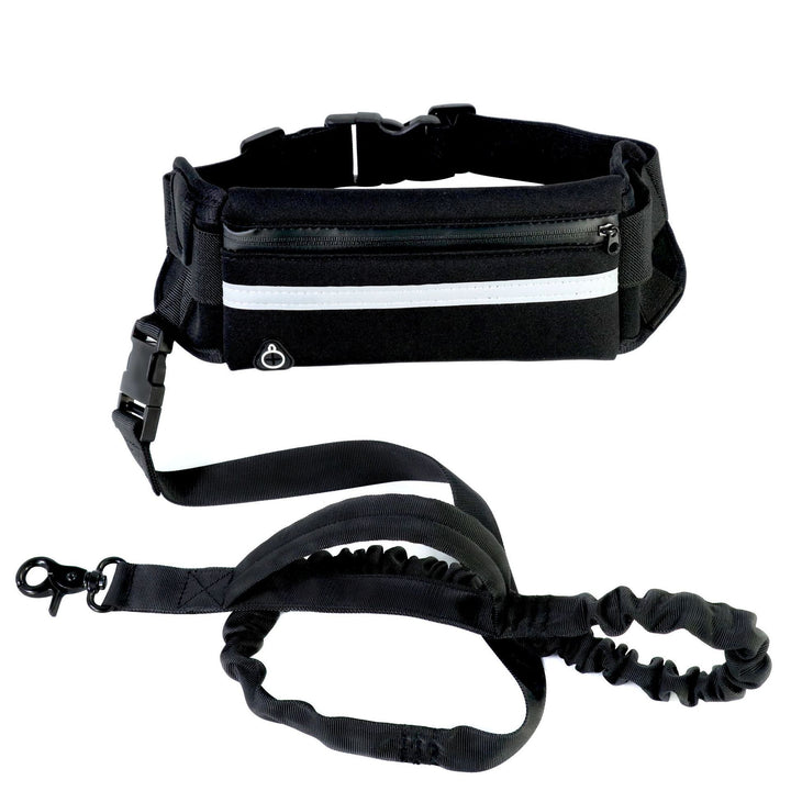 Black waist bag with reflective strip and black leash on a white background