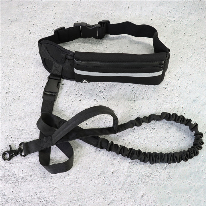 Black waist bag with reflective strip and black dog leash on a concrete surface