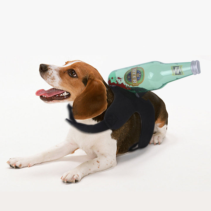 Dog wearing a costume with a bottle on a white background