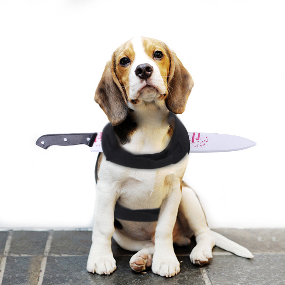 Dog wearing a black collar with a knife attached on a white background