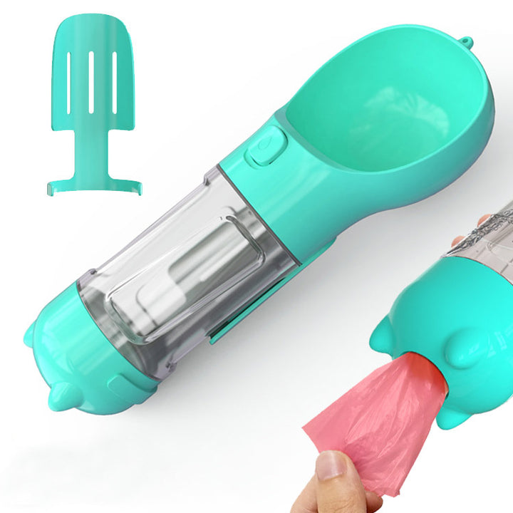 Teal and clear plastic tool with pink bag on a white background
