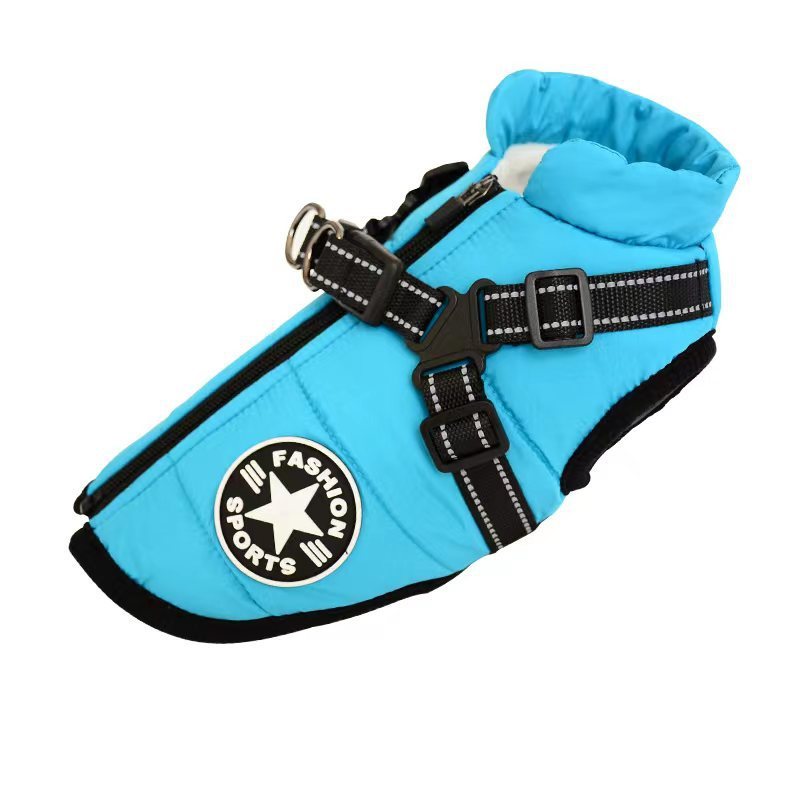 Blue dog coat with a harness and 'Fashion Sports' logo on a white background