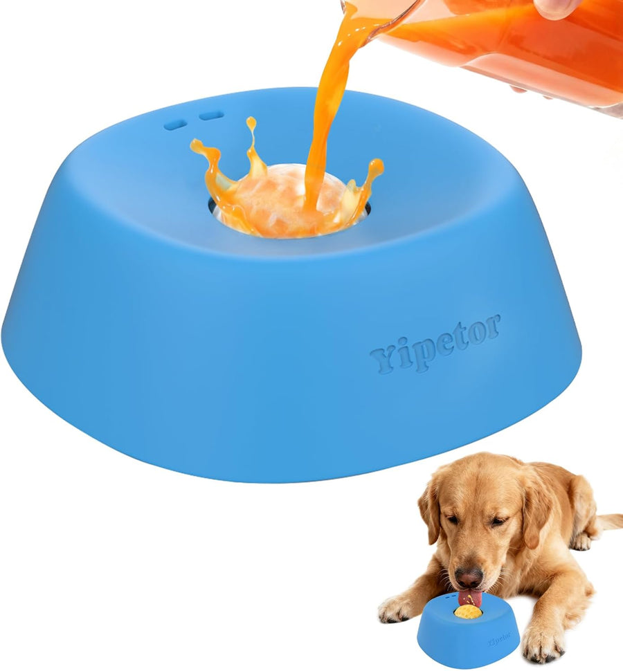 Blue dog toy with orange liquid being poured into it, featuring the brand 'Xipetor'.