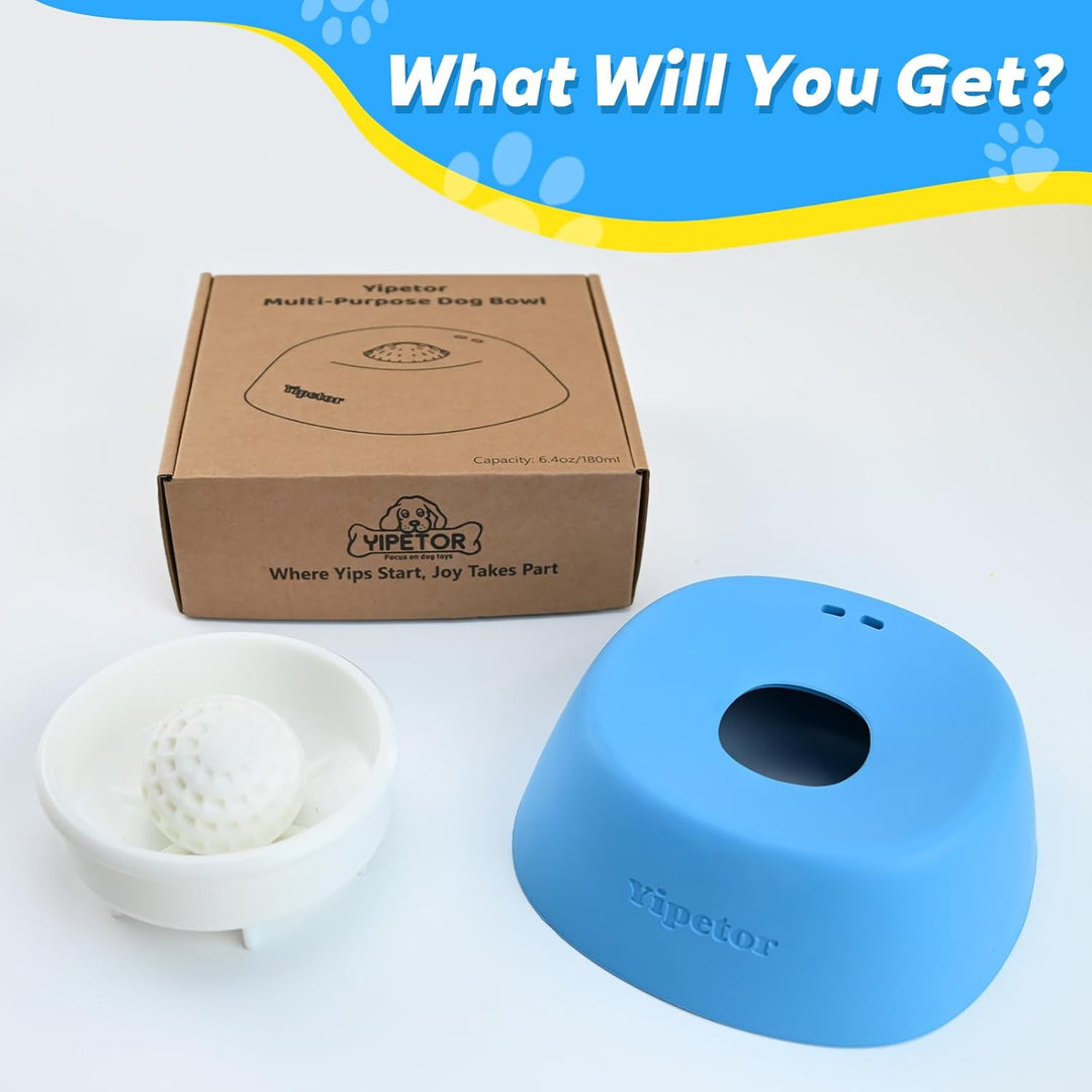 Vipetor multi-purpose dog bowl with packaging and a blue silicone cone on a white background.