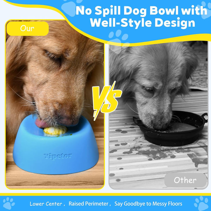 Comparison of a dog using a blue no spill dog bowl with a black bowl, featuring text about design features.