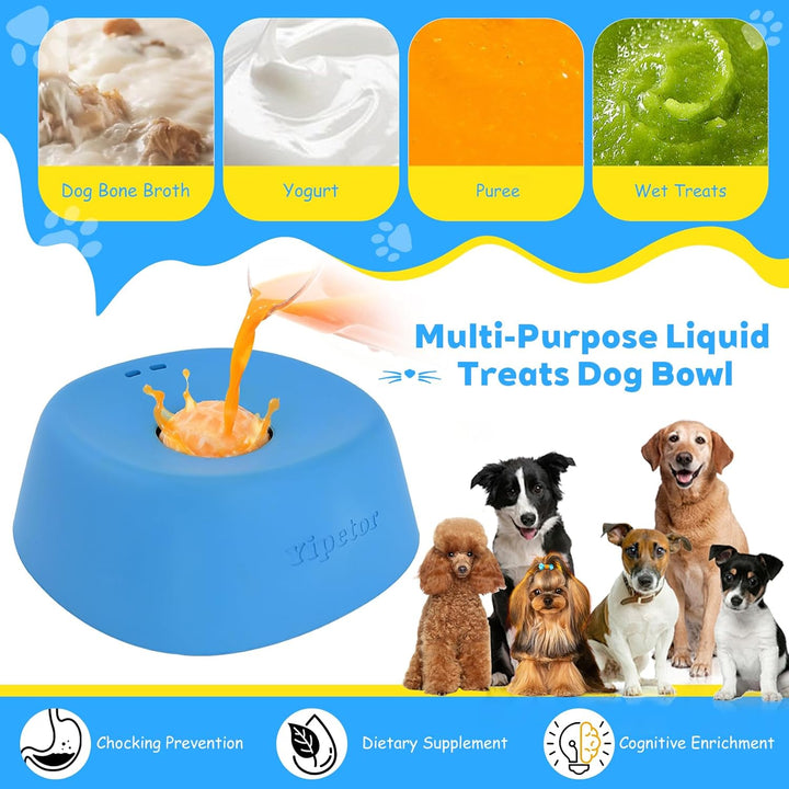 Blue liquid treat dispenser for dogs with images of different treats and a group of dogs.