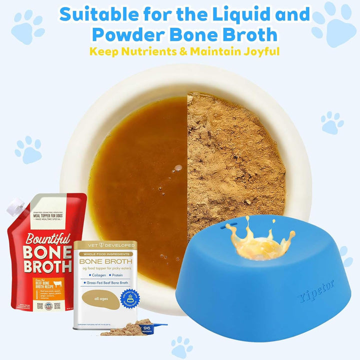 Bountiful Bone Broth packaging with liquid and powder forms, a blue bowl, and text about maintaining joyful pets.