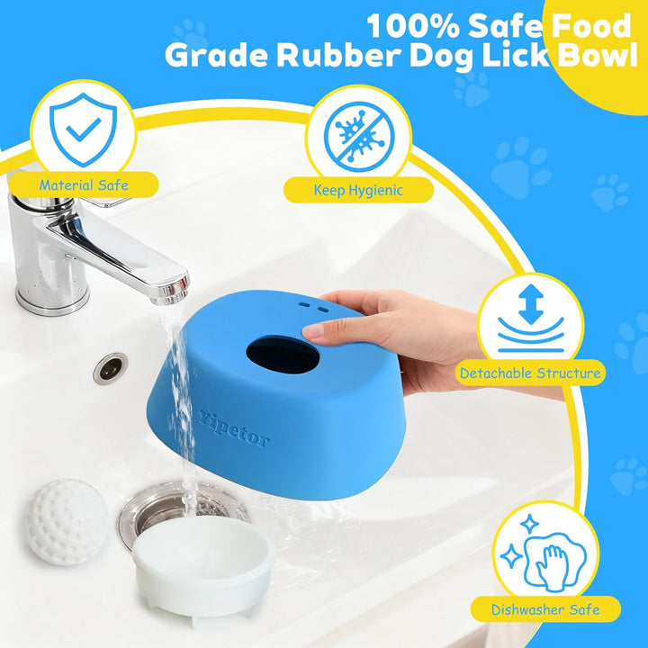 Blue dog lick bowl with faucet and hand holding it, featuring safety features on a blue background.