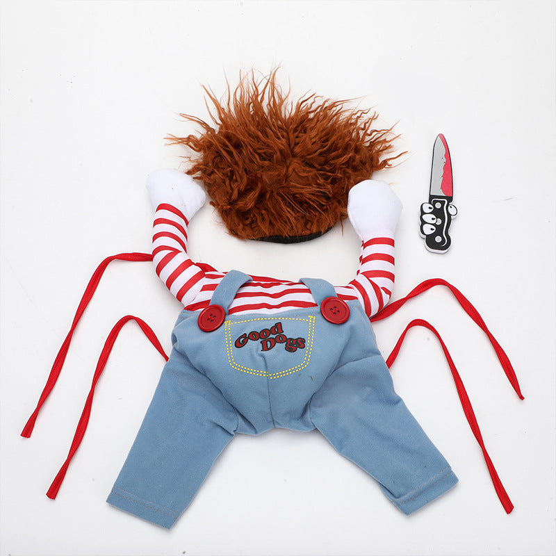 Toy figure with red hair, striped shirt, and blue overalls on a white background