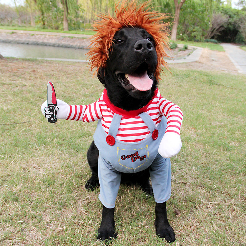 Dog in a costume with red hair, striped shirt, and overalls outdoors