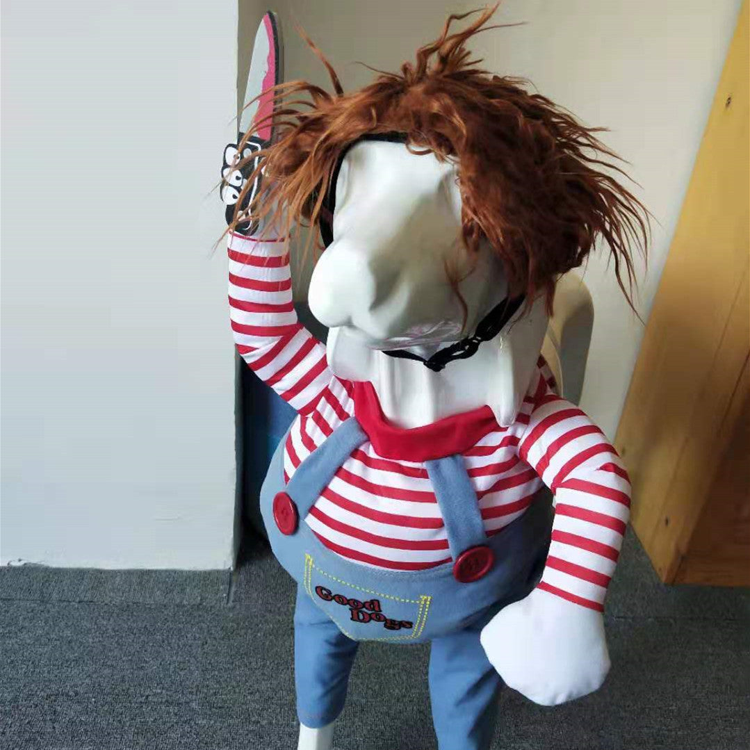Mannequin dressed in a costume with a red and white striped shirt, blue overalls, and brown wig.