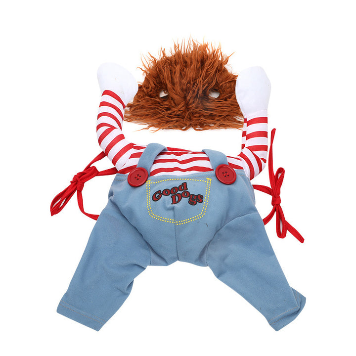 Toy figure with red and white striped shirt, blue overalls, and brown hair on a white background