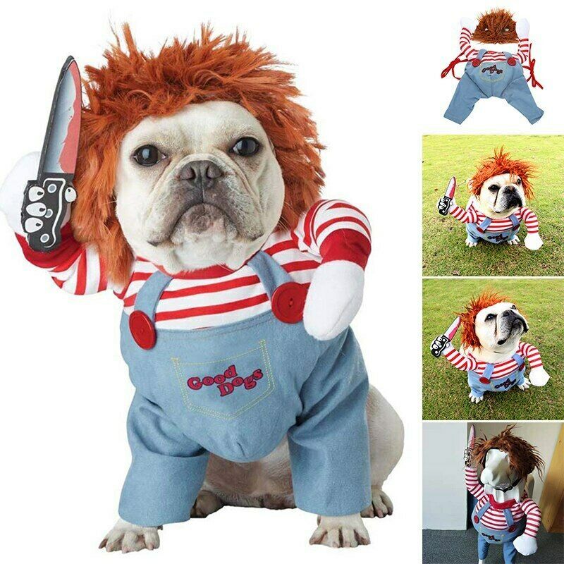 Dog wearing a costume with red hair, striped shirt, and overalls, holding a knife.