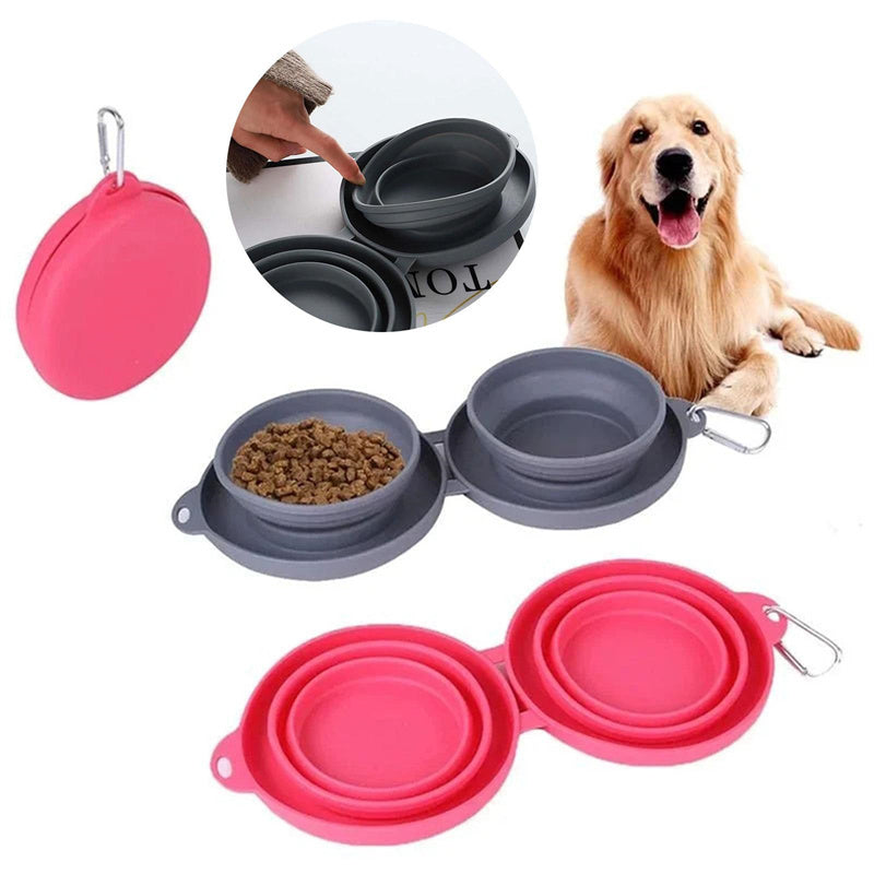 Collapsible pet bowls in gray and pink with a dog and close-up of the bowls.