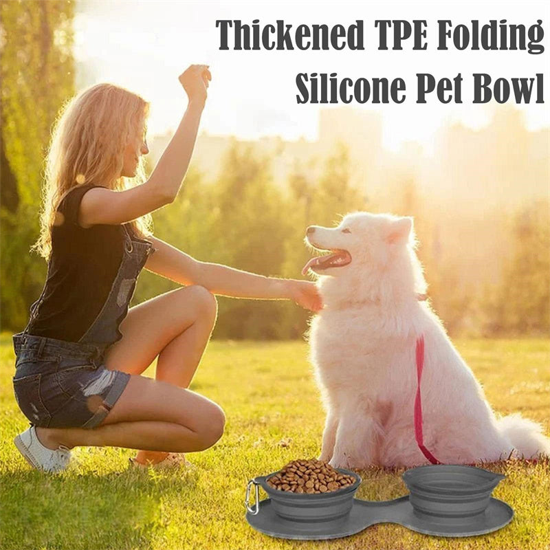 Woman kneeling with a dog outdoors, using a thickened TPE folding silicone pet bowl.