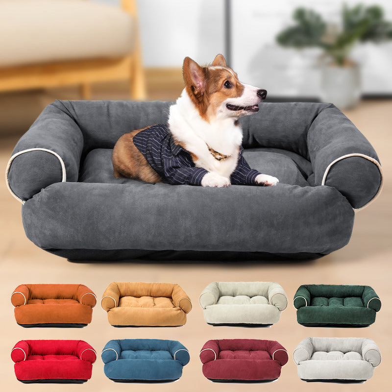 Dog sitting on a large gray pet bed with color swatches of other pet beds below.