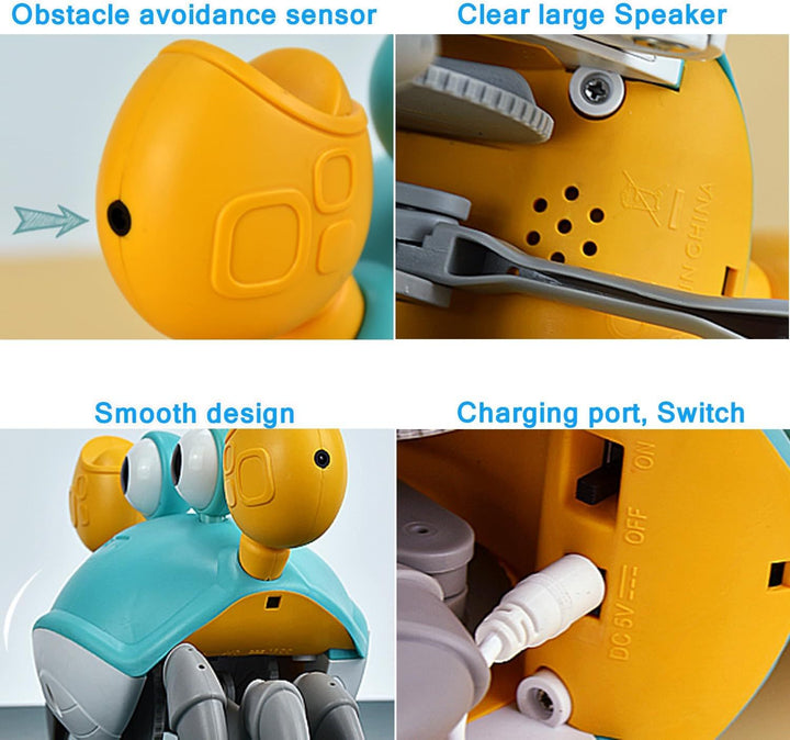 Close-up details of a toy robot with labeled parts including an obstacle avoidance sensor, clear large speaker, smooth design, and charging port.