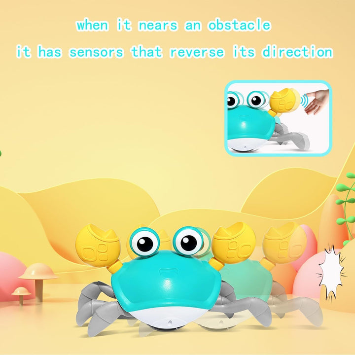 Toy crab with sensors near an obstacle on a colorful background