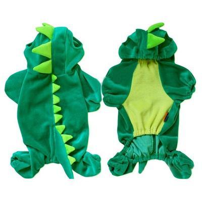 Green dinosaur-themed baby romper with hood on a white background