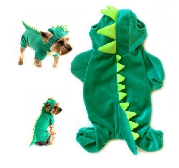 Green dinosaur costume for a dog on a white background