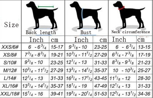 Dog size chart with measurements for back length, bust, and neck circumference.