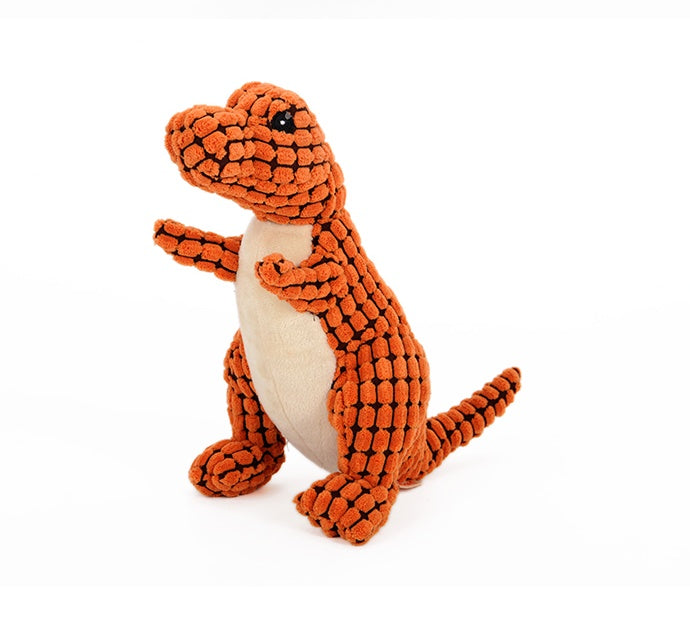 Plush dinosaur toy with orange body and beige belly on a white background
