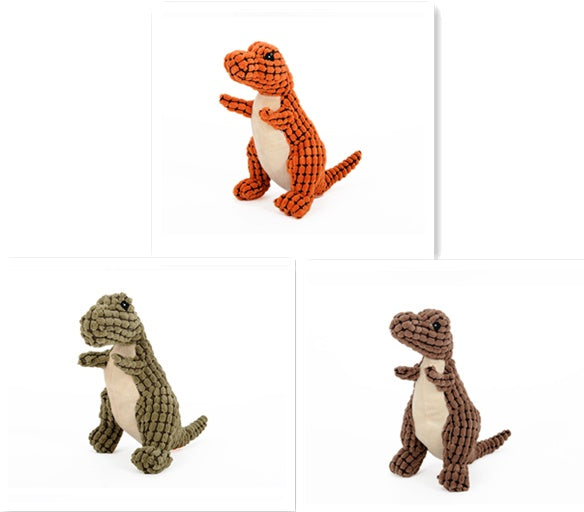 Three dinosaur-shaped dog toys in different colors on a white background