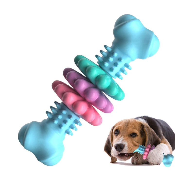 Colorful dog toy with a dog chewing on it on a white background