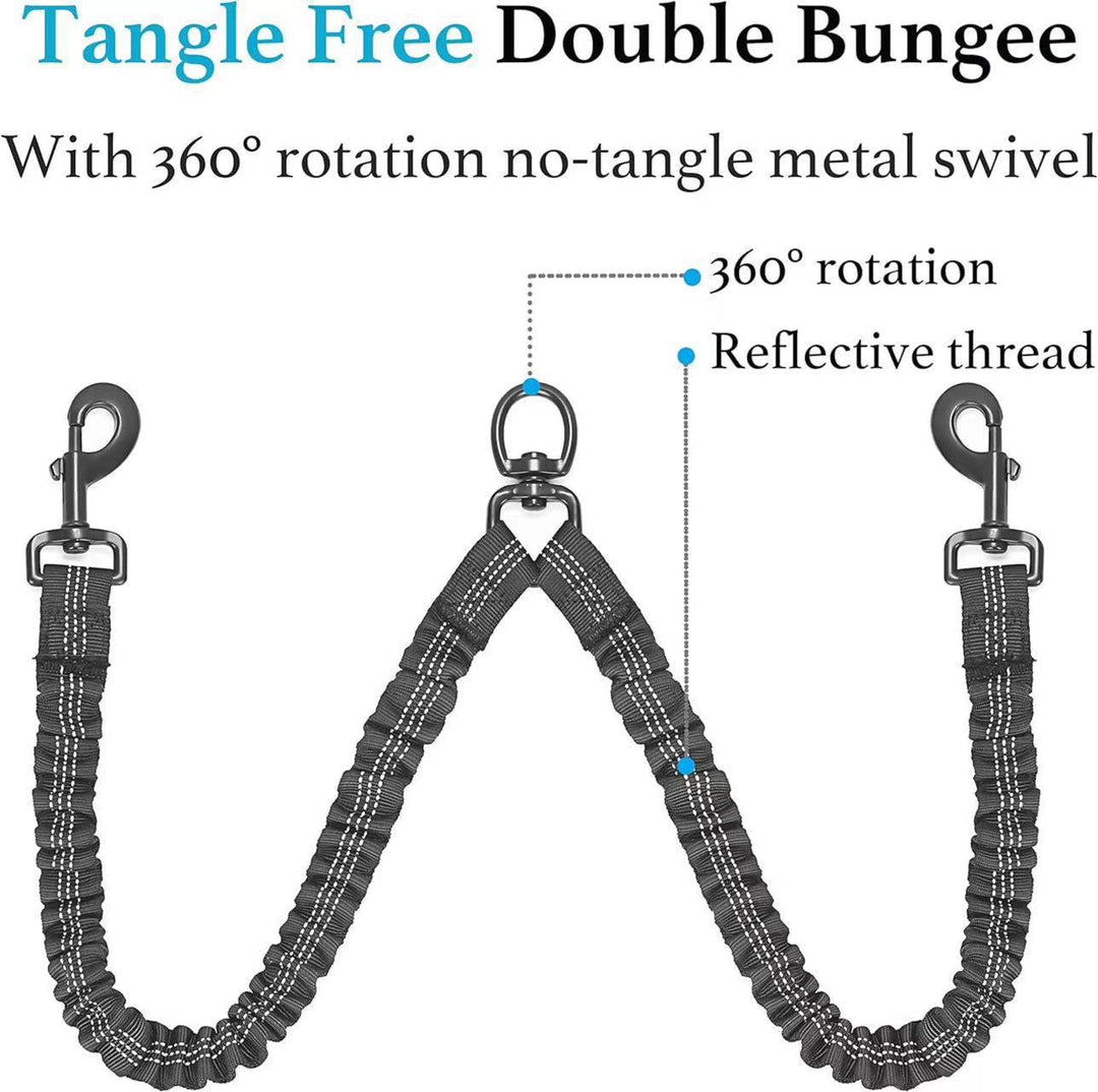 Tangle-free double bungee leash with reflective thread and 360-degree rotation on a white background.
