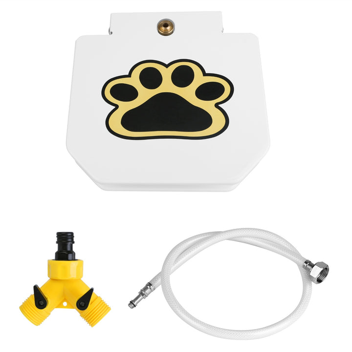 Dog Water Fountain Outdoor Step-On Pet Water Dispenser with Paw Pedal, yellow valve, and white hose on a white background