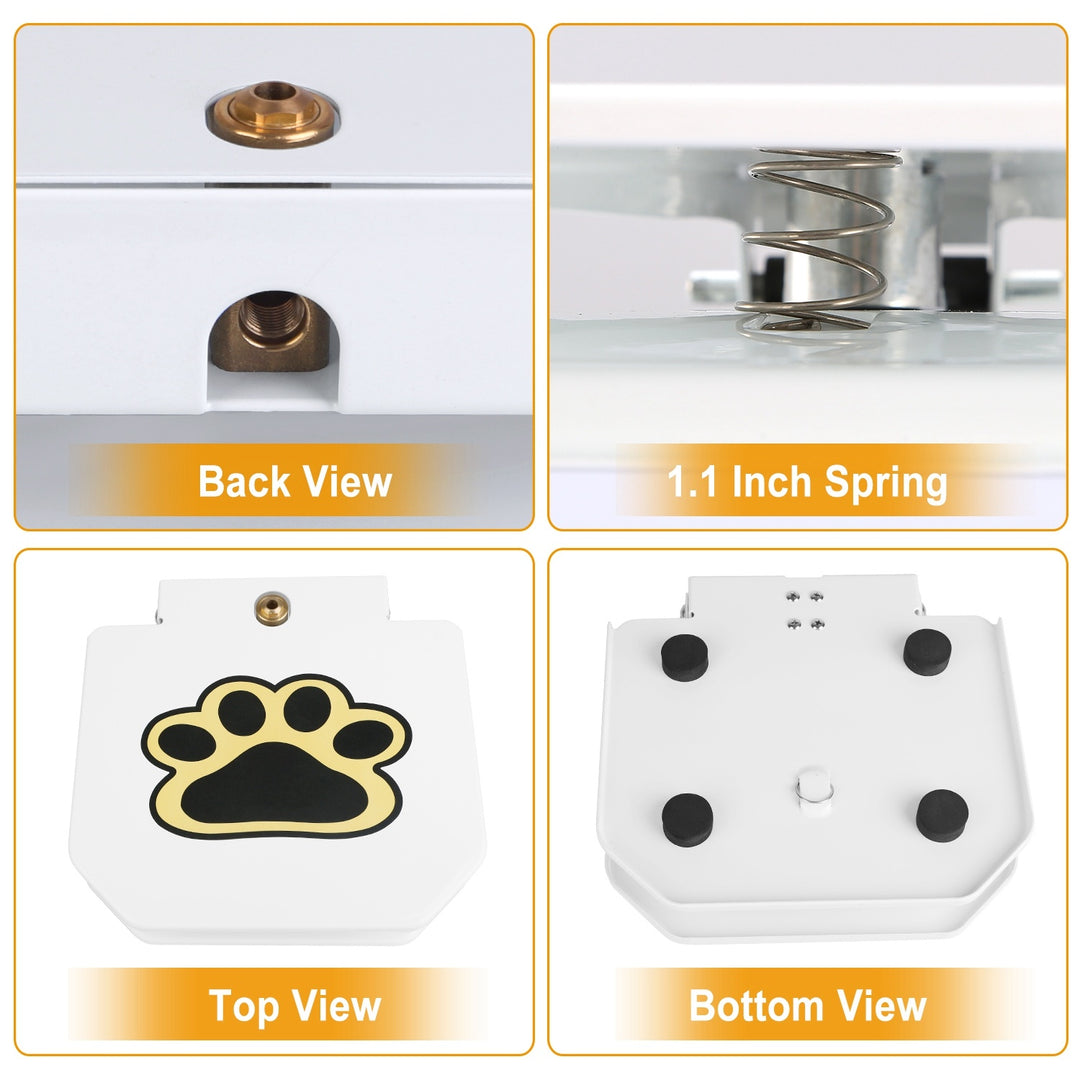 Product view of Dog Water Fountain Outdoor Step-On Pet Water Dispenser with Paw Pedal from back, top, and bottom with a spring detail.