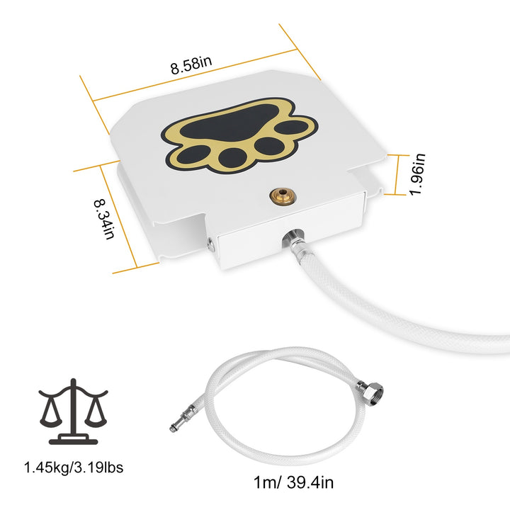 White Dog Water Fountain Outdoor Step-On Pet Water Dispenser with Paw Pedal, dimensions, and weight information on a white background.