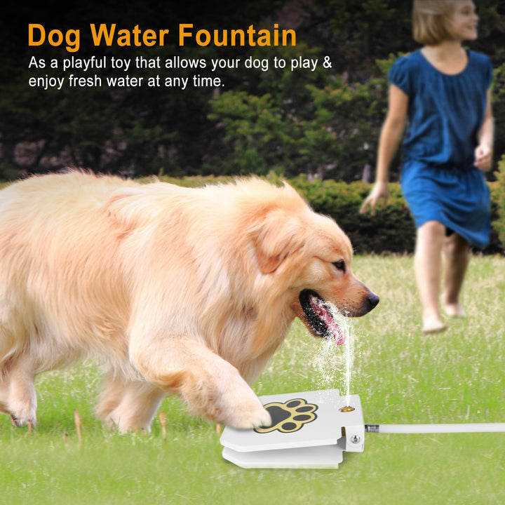 Dog playing with a Dog Water Fountain Outdoor Step-On Pet Water Dispenser with Paw Pedal in a grassy area with a child in the background.